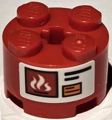 Part 3941pb43 - Brick, Round 2 x 2 with Axle Hole with Warning Sign with White Flames, Black Lines and Orange Rectangle Pattern (Sticker) - Set 42111 - De BrickPlaats