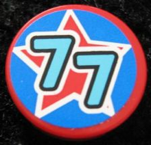 Part 4150pb133 - Tile, Round 2 x 2 with Red Star and '77' Pattern (Sticker) - Set 9094 - De BrickPlaats