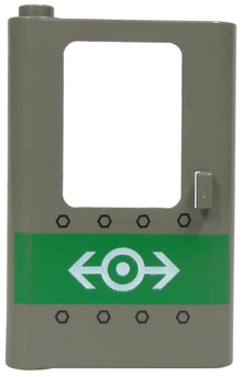 Part 4181pb001 - Door 1 x 4 x 5 Train Left, Thin Support at Bottom with Green Stripe, Train Logo and Rivets Pattern - De BrickPlaats