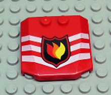 Part 45677px1 - Wedge 4 x 4 x 2/3 Triple Curved with Fire Logo Badge and 3 White Chevrons Pattern - De BrickPlaats