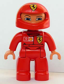 Minifig 47394pb009 - Duplo Figure Lego Ville, Male, Red Legs, Red Top with Ferrari / Shell / Vodafone Pattern (Racer) - De BrickPlaats