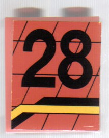 Part 4864apb004L - Panel 1 x 2 x 2 - Solid Studs with Black Number 28 and Angled Black and Yellow Lines Pattern Model Left Side (Sticker) - Set 8808 - De BrickPlaats