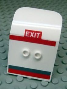 Part 54097pb02 - Door 2 x 4 x 6 Curved Aircraft with White 'EXIT' on Red Background and Dark Bluish Gray and Red Stripes Pattern (Stickers) - Set 7894 - De BrickPlaats
