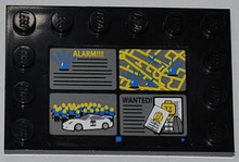 Part 6180pb054 - Tile, Modified 4 x 6 with Studs on Edges with 'ALARM!!!!', Street Map, White Car and 'WANTED!' Pattern (Sticker) - Set 7498 - De BrickPlaats