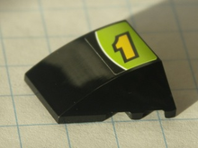 Part 64225pb001 - Wedge 4 x 3 Triple Curved No Studs with Yellow Number 1 and White Line on Lime and Black Background Pattern (Sticker) - Set 8119 - De BrickPlaats