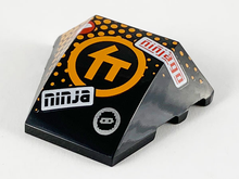 Part 64225pb035 - Wedge 4 x 3 Triple Curved No Studs with Orange Ninjago C Symbol in Circle, Orange Dots, 'ninja' and 'ninjago' Pattern - De BrickPlaats