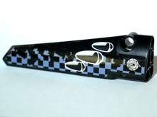 Part 64393pb012 - Technic, Panel Fairing # 6 Long Smooth, Side B with Vent Holes, Filler Cap and Worn Sand Blue and Black Checkered Pattern (Sticker) - Set 42002 - De BrickPlaats
