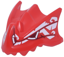 Part 7243pb01 - Dragon Head (Ninjago) with Stepped Top, Horn and Pin Hole on Back with Dark Red Eye and Lines and White Spiral Markings Pattern - De BrickPlaats