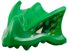 Part 7243pb02 - Dragon Head (Ninjago) with Stepped Top, Horn and Pin Hole on Back with Bright Light Yellow Eyes, Dark Green Markings, Gold Scales Pattern - De BrickPlaats