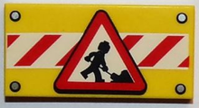 Part 87079pb0222 - Tile 2 x 4 with Road Sign Construction Worker on Red and White Danger Stripes Pattern - De BrickPlaats