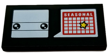 Part 87079pb0470 - Tile 2 x 4 with White BrickHeadz Head and Word Balloon with 'SEASONAL' and Yellow Star on Red Calendar Pattern - De BrickPlaats