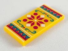 Part 87079pb0643 - Tile 2 x 4 with Magenta and White Geometric, Dark Turquoise Filigree, Dark Turquoise and Magenta Triangles Border Pattern - De BrickPlaats