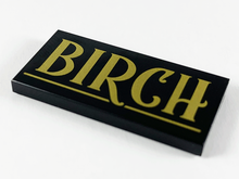 Part 87079pb0672 - Tile 2 x 4 with Gold 'BIRCH' and Underline Pattern - De BrickPlaats