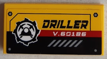 Part 87079pb1007 - Tile 2 x 4 with Mining Logo, 'DRILLER' and 'V.60186' Pattern (Sticker) - Set 60186 - De BrickPlaats