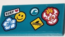 Part 87079pb1122 - Tile 2 x 4 with Flower, Smiley Face, Tribal Mask, Wave, Shark Fin, and 'SURF' with Heart Pattern (Sticker) - Set 60257 - De BrickPlaats