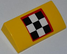 Part 88930pb013 - Slope, Curved 2 x 4 x 2/3 with Bottom Tubes with Checkered Flag with Red Outline Pattern (Sticker) - Set 4643 - De BrickPlaats