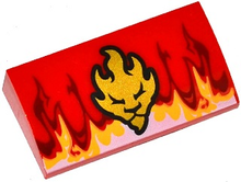Part 88930pb067 - Slope, Curved 2 x 4 x 2/3 with Bottom Tubes with Flames and Gold Lion Head Pattern - De BrickPlaats