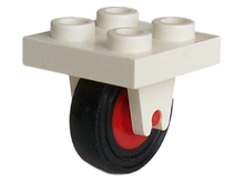 Part 8c01 - Plate, Modified 2 x 2 with Wheel Holder Bottom with Red Wheel with Black Tire 14mm D. x 4mm Smooth Small Single (8 / 3464c01) - De BrickPlaats