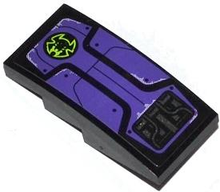 Part 93606pb021 - Slope, Curved 4 x 2 with Lime Bat Head in Black Circle, Dark Purple Panels and Bolts Pattern (Sticker) - Set 70128 - De BrickPlaats