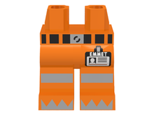 Part 970c00pb0327 - Hips and Legs with Belt, Reflective Stripes, 'EMMET' Name Tag and Silver Triangles on Feet Pattern - De BrickPlaats