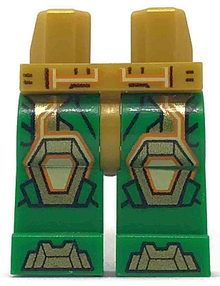 Part 970c06pb08 - Hips and Green Legs with Gold Knee Pads and Armor Toes, Bright Light Yellow and Orange Circuitry Pattern - De BrickPlaats