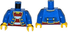 Part 973pb1908c01 - Torso Pirate Jacket Open with Gold Trim over Shirt with Red and White Horizontal Stripes, Yellow Neck Pattern / Blue Arms / Yellow Hands - De BrickPlaats