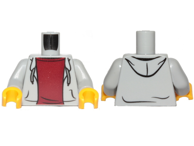 Part 973pb2066c02 - Torso Hooded Sweatshirt Open with Drawstrings over Dark Red Top Pattern / Light Bluish Gray Arms / Yellow Hands - De BrickPlaats