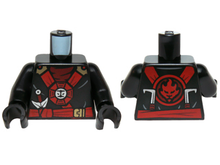 Part 973pb2077c01 - Torso Ninjago Red and Gold Straps and Belt, Round Emblem, Weapons and Dark Red Undershirt Pattern / Black Arms / Black Hands - De BrickPlaats