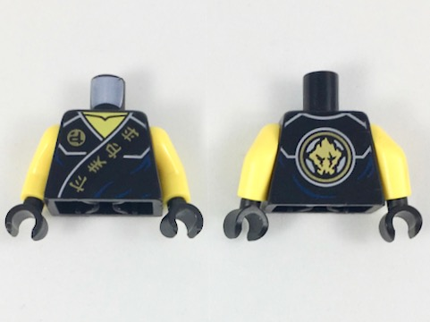 Part 973pb2168c01 - Torso Ninjago Robe with Gold Ninjago Logogram 'Fire Earth Lightning Energy' on Black Sash Pattern / Yellow Arms / Black Hands - De BrickPlaats