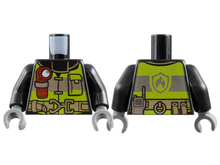 Part 973pb2187c01 - Torso Fire Reflective Stripes with Utility Belt and Flashlight Front, Fire Badge on Back Pattern / Black Arms / Dark Bluish Gray Hands - De BrickPlaats