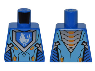 Part 973pb2238 - Torso Nexo Knights Armor with Orange and Gold Circuitry and Blue Emblem with White Chicken Pattern - De BrickPlaats