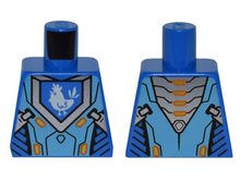 Part 973pb2238 - Torso Nexo Knights Armor with Orange and Gold Circuitry and Blue Emblem with White Chicken Pattern - De BrickPlaats