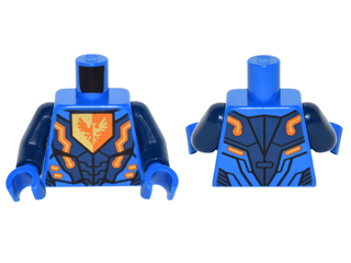 Part 973pb2239c01 - Torso Nexo Knights Armor with Orange and Gold Circuitry and Falcon on Pentagonal Shield Pattern / Dark Blue Arms / Blue Hands - De BrickPlaats