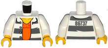 Part 973pb2283c01 - Torso Town Prisoner Number 86737, Dark Bluish Gray Stripes, Orange Shirt Pattern / White Arms / Yellow Hands - De BrickPlaats