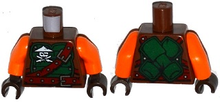Part 973pb2303c01 - Torso Ninjago Green Armor with Belts, Ninja Skull with Crossed Swords and Scabbards Pattern / Orange Arms / Dark Brown Hands - De BrickPlaats