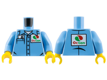 Part 973pb2362c01 - Torso Shirt with Collar and Buttons, White Undershirt, Pocket with Notepad and Pen, Octan Logo Pattern / Medium Blue Arms / Yellow Hands - De BrickPlaats