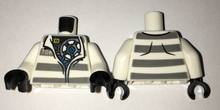 Part 973pb2487c01 - Torso Town Prisoner Open Collar, Number 706, Dark Bluish Gray Stripes, Mechanical Pattern / White Arms / Black Hands - De BrickPlaats