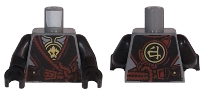 Part 973pb2659c01 - Torso Ninjago Silver Armor with Gold Earth Emblems, Black Robe, Reddish Brown Rope Pattern / Black Arms / Black Hands - De BrickPlaats