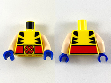 Part 973pb2712c01 - Torso Shirt with Black Marks on Sides and Red Belt with X-Men Logo Buckle Pattern (Wolverine) / Light Nougat Arms / Blue Hands - De BrickPlaats