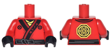 Part 973pb2783c01 - Torso Ninjago Robe with Ninjago Logogram 'FIRE', Black Sash and Gold Emblem Pattern / Red Arms / Black Hands - De BrickPlaats