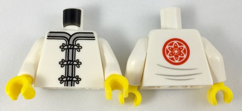 Part 973pb2803c01 - Torso Ninjago Robe with Gray Trim, White Frog Clasps and Red Flower Medallion and Light Bluish Gray Lines on Back Pattern / White Arms / Yellow Hands - De BrickPlaats