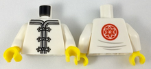 Part 973pb2803c01 - Torso Ninjago Robe with Gray Trim, White Frog Clasps and Red Flower Medallion and Light Bluish Gray Lines on Back Pattern / White Arms / Yellow Hands - De BrickPlaats