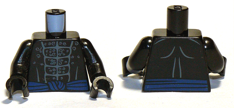 Part 973pb2808c01 - Torso Bare Chest with Muscles Outline, White Chest Hair and Blue Sash Pattern / Black Arms / Black Hands - De BrickPlaats