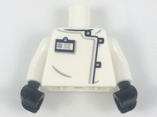 Part 973pb2934c01 - Torso Lab Coat with Black and Silver Clasps, ID Badge Pattern / White Arms / Black Hands - De BrickPlaats
