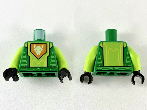Part 973pb3001c01 - Torso Nexo Knights Armor with Lime Circuitry and Panel with Bright Light Yellow Fox Head on Orange Pentagonal Shield Pattern / Lime Arms / Black Hands - De BrickPlaats