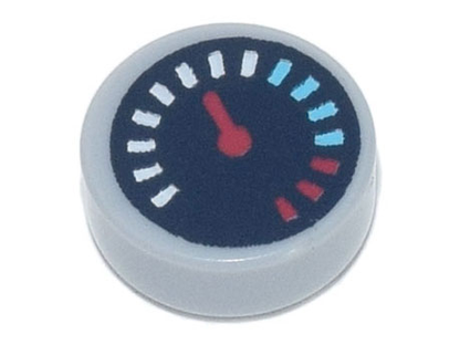Part 98138pb175 - Tile, Round 1 x 1 with Black Gauge with Red Pointer and White, Medium Azure, and Red Tick Marks Pattern - De BrickPlaats