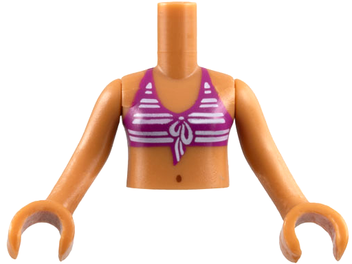 Part FTGpb020c01 - Torso Mini Doll Girl Magenta Bikini Top with White Stripes, Navel Pattern, Medium Nougat Arms with Hands - De BrickPlaats