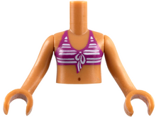 Part FTGpb020c01 - Torso Mini Doll Girl Magenta Bikini Top with White Stripes, Navel Pattern, Medium Nougat Arms with Hands - De BrickPlaats