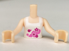 Part FTGpb076c01 - Torso Mini Doll Girl White Halter Top with Dark Pink and Magenta Circles and Stars with White Outline Pattern, Light Nougat Arms with Hands - De BrickPlaats