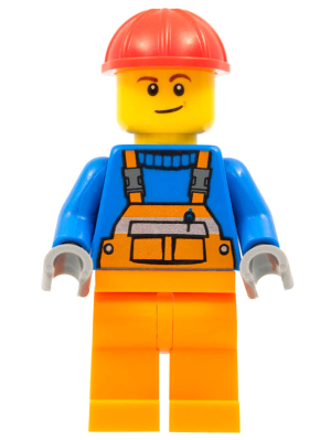 Minifig con011 - Overalls with Safety Stripe Orange, Orange Legs, Red Construction Helmet, Lopsided Smile - De BrickPlaats